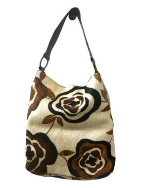Maurizio Taiuti Made in Italy Calf Hair Floral Hobo Bag Cowhide Brown Cream